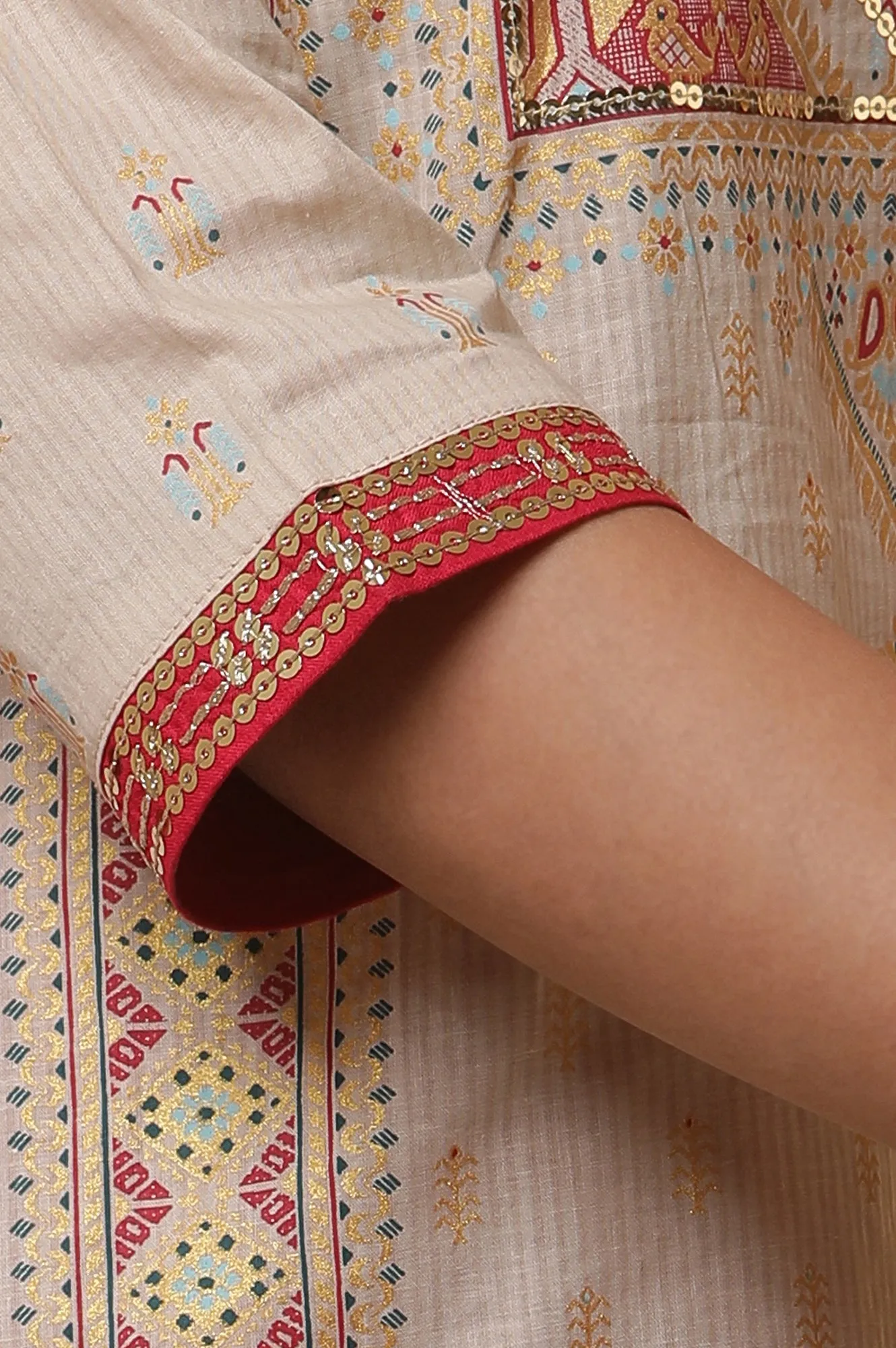 Beige Foil Printed Sequined Pure Cotton Kurta, Tights and Dupatta Set
