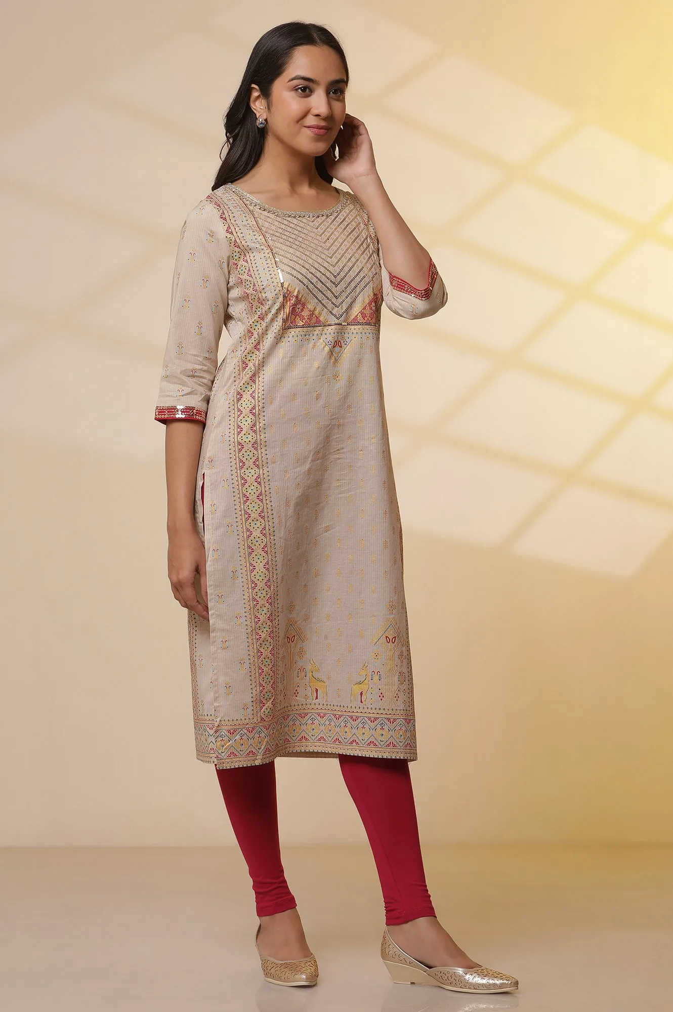 Beige Foil Printed Sequined Pure Cotton Kurta, Tights and Dupatta Set