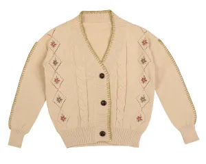 Belati Cream Embroidered Floral Knit Cardigan
