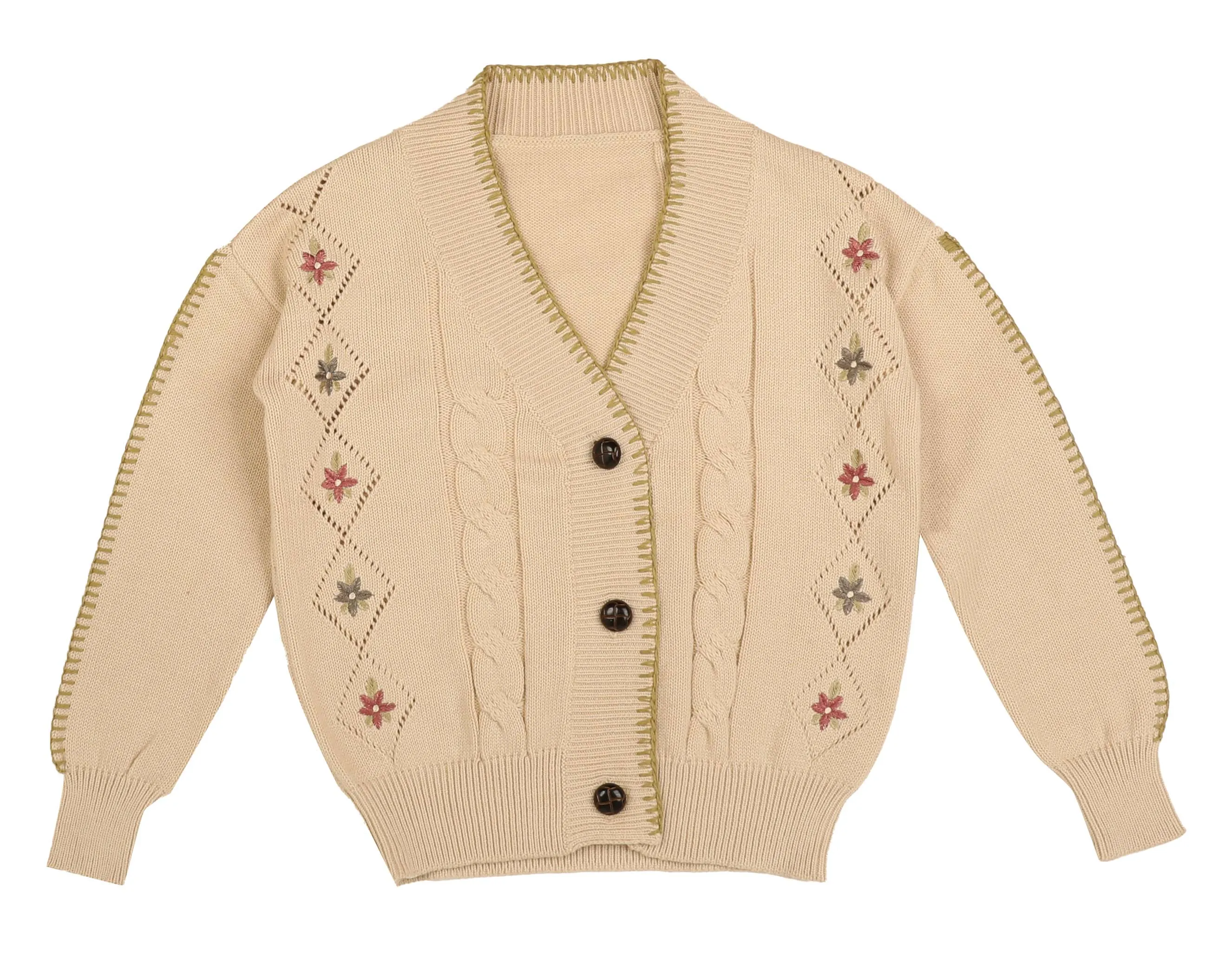 Belati Cream Embroidered Floral Knit Cardigan