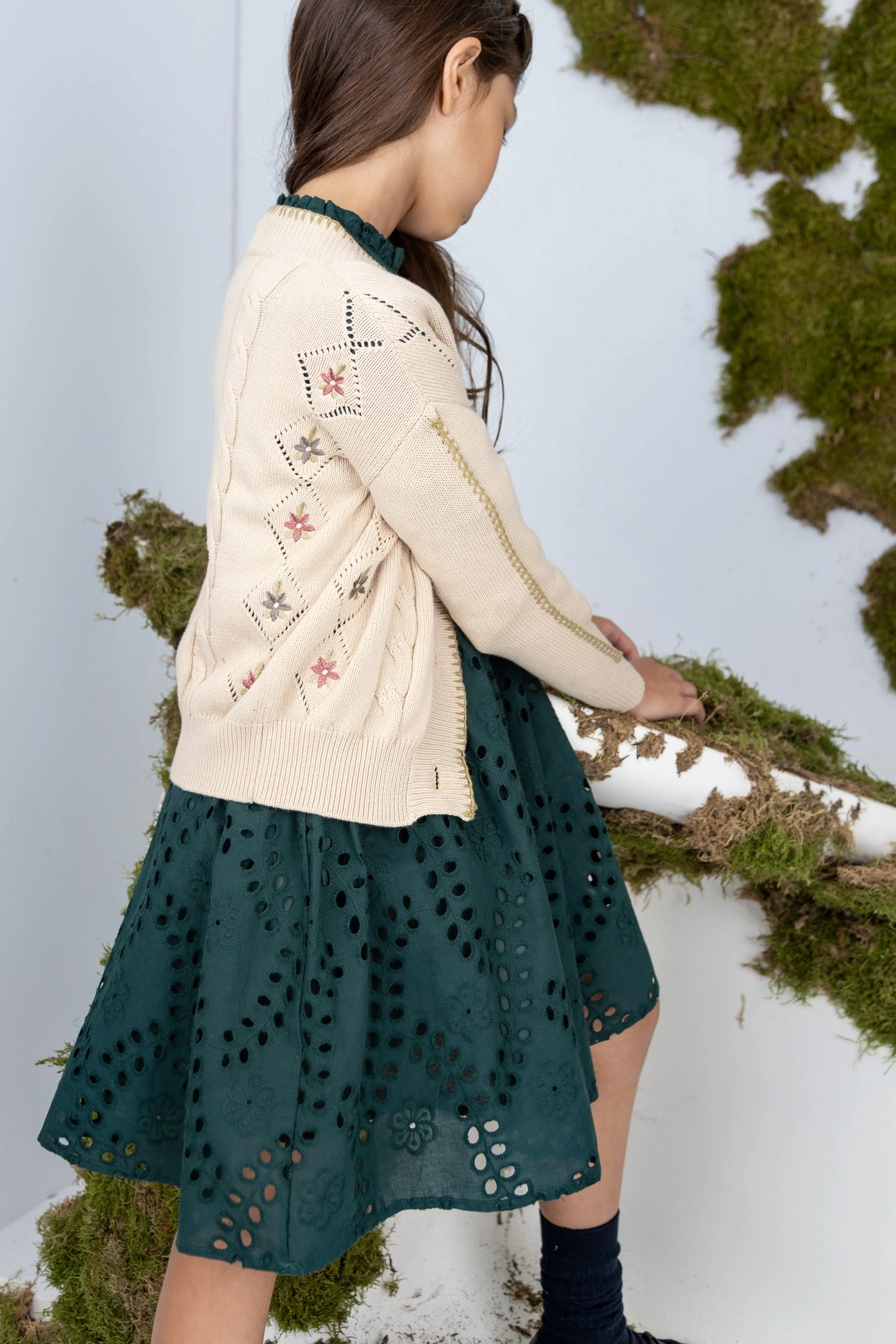 Belati Cream Embroidered Floral Knit Cardigan