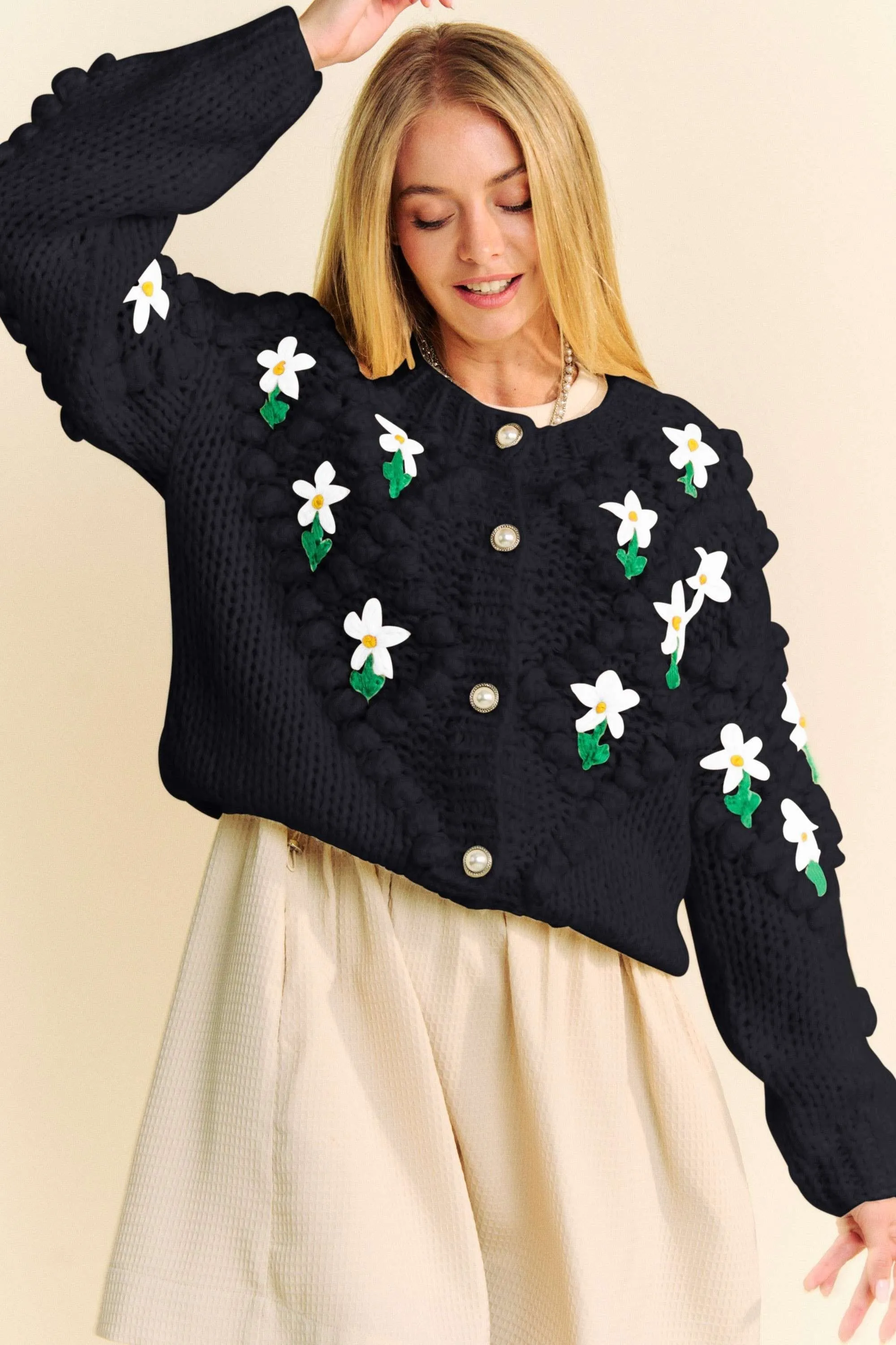 Black Floral Pattern Button Down Cardigan