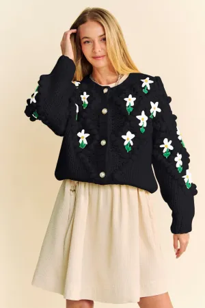 Black Floral Pattern Button Down Cardigan