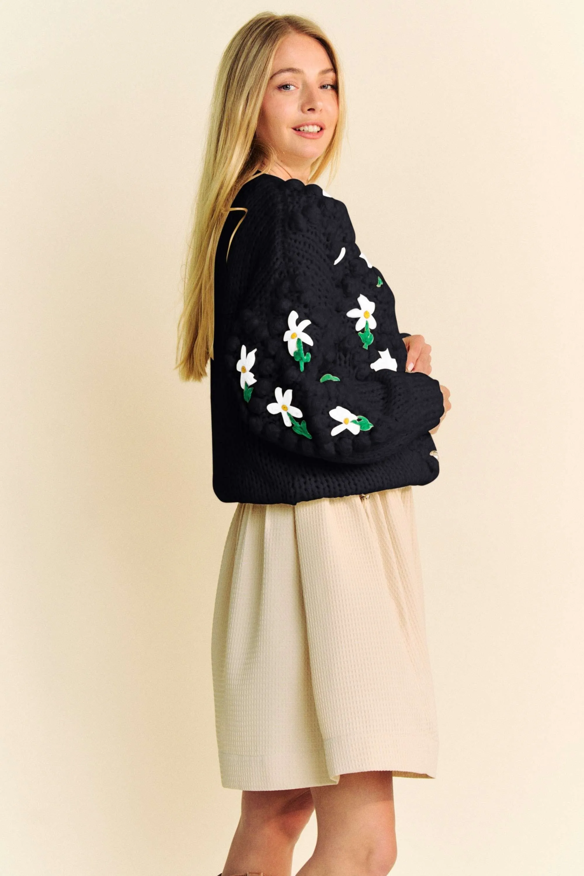 Black Floral Pattern Button Down Cardigan