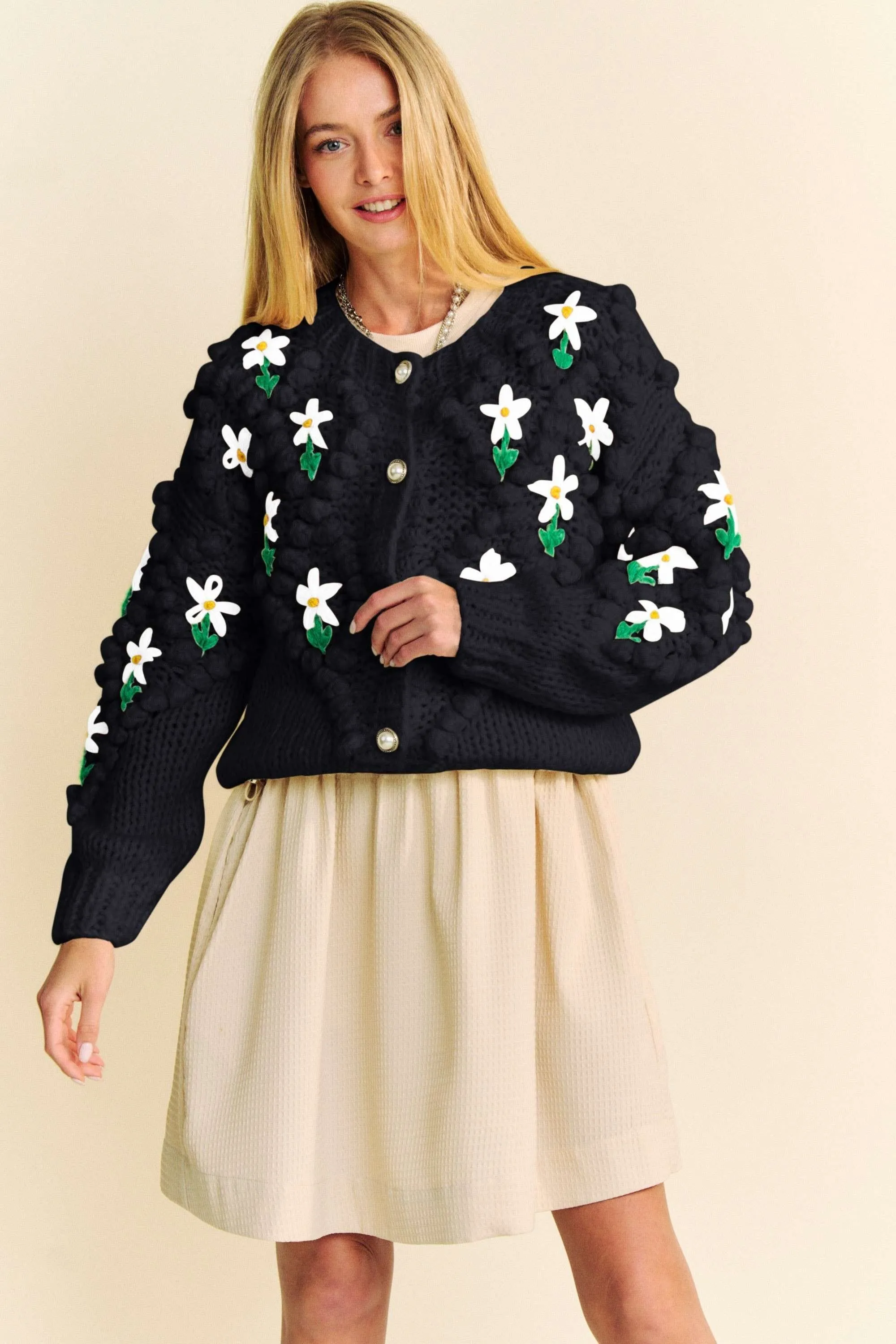 Black Floral Pattern Button Down Cardigan
