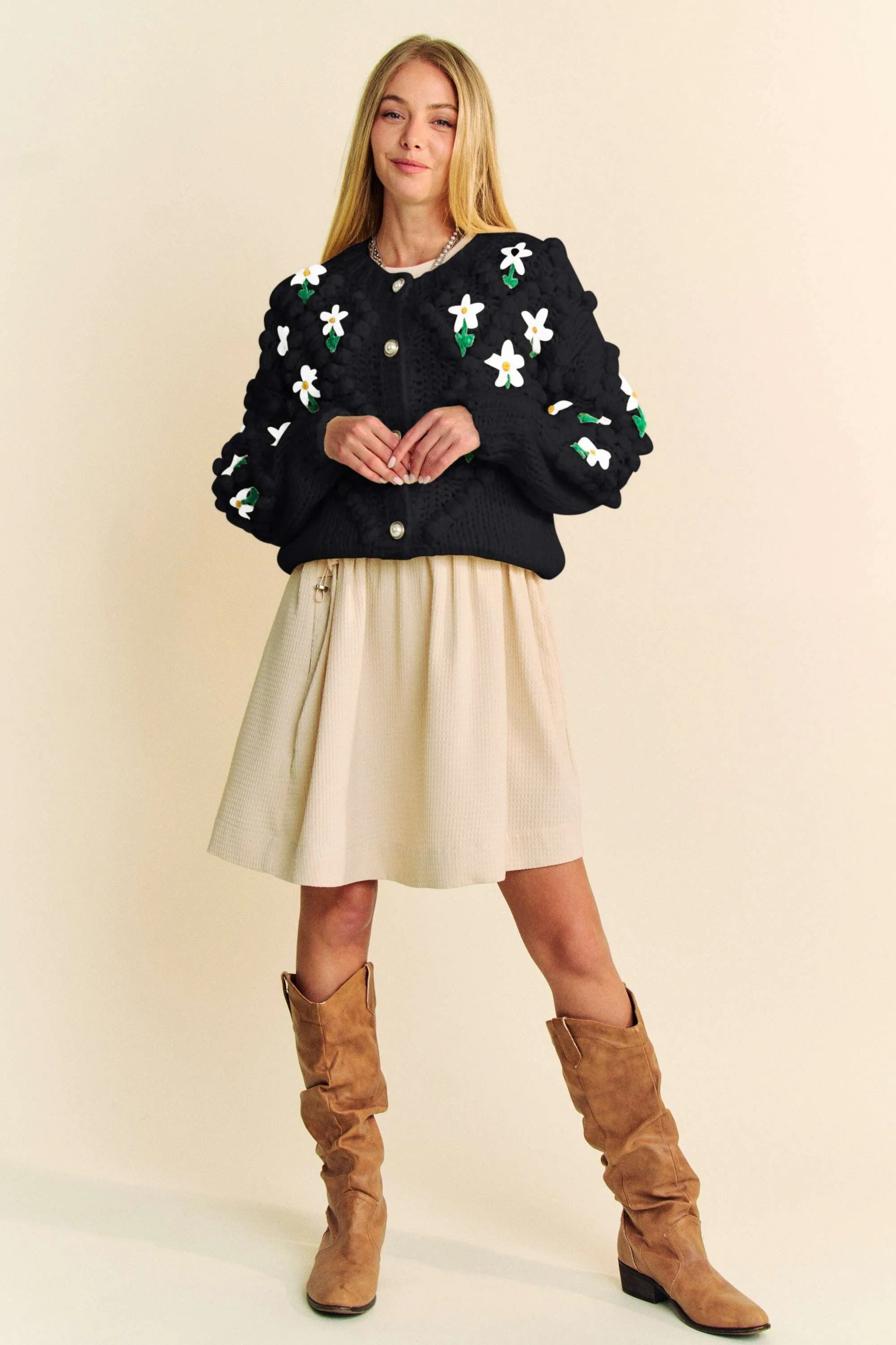 Black Floral Pattern Button Down Cardigan
