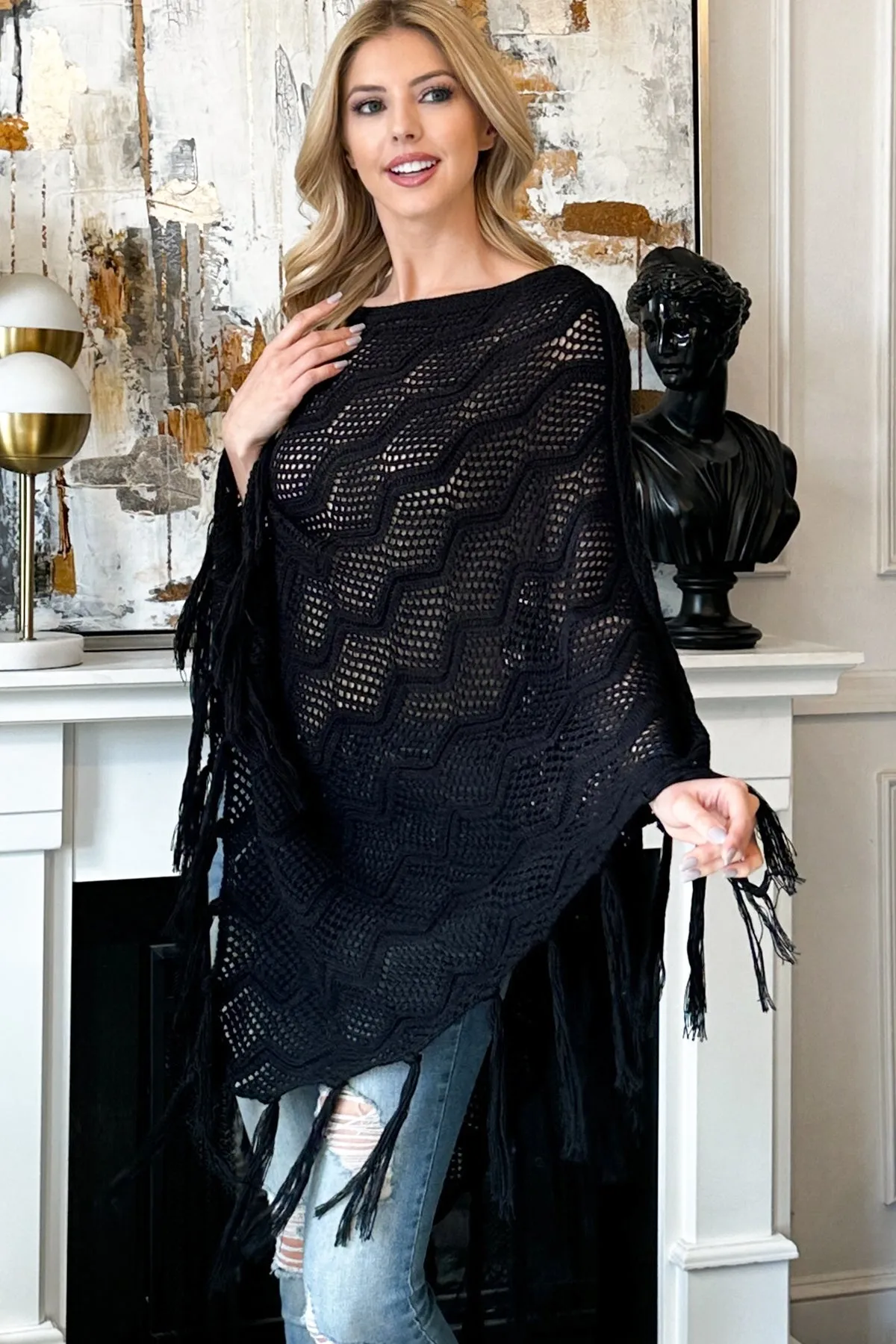 Black Netted Knit Cardigan Poncho