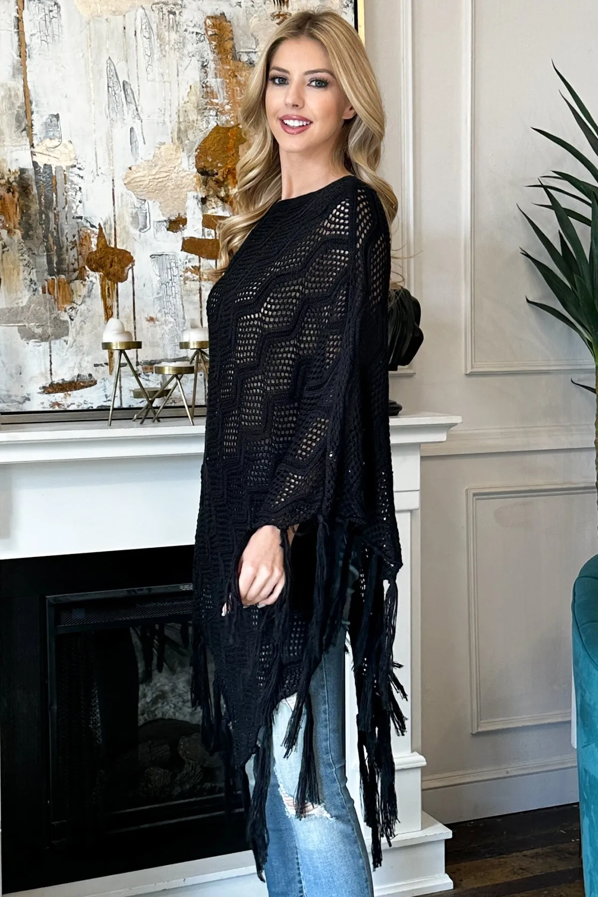 Black Netted Knit Cardigan Poncho