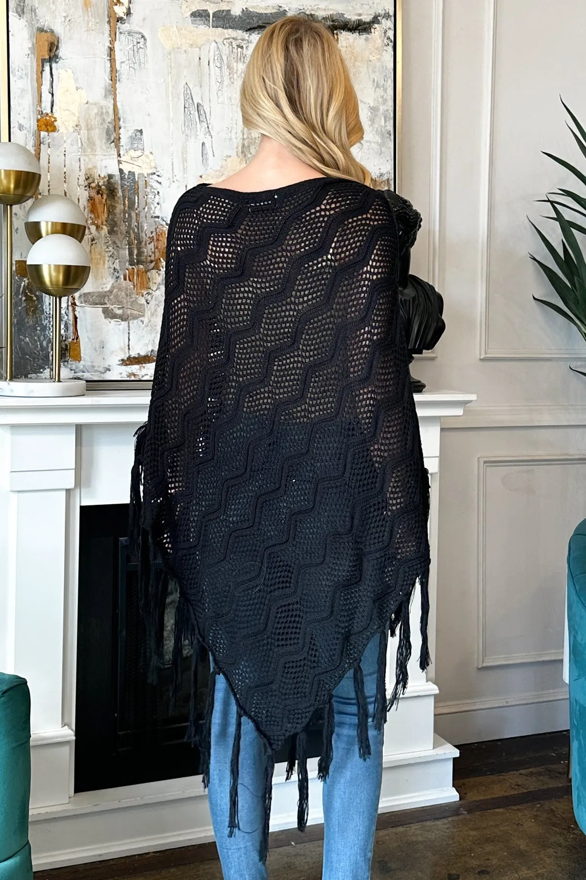 Black Netted Knit Cardigan Poncho