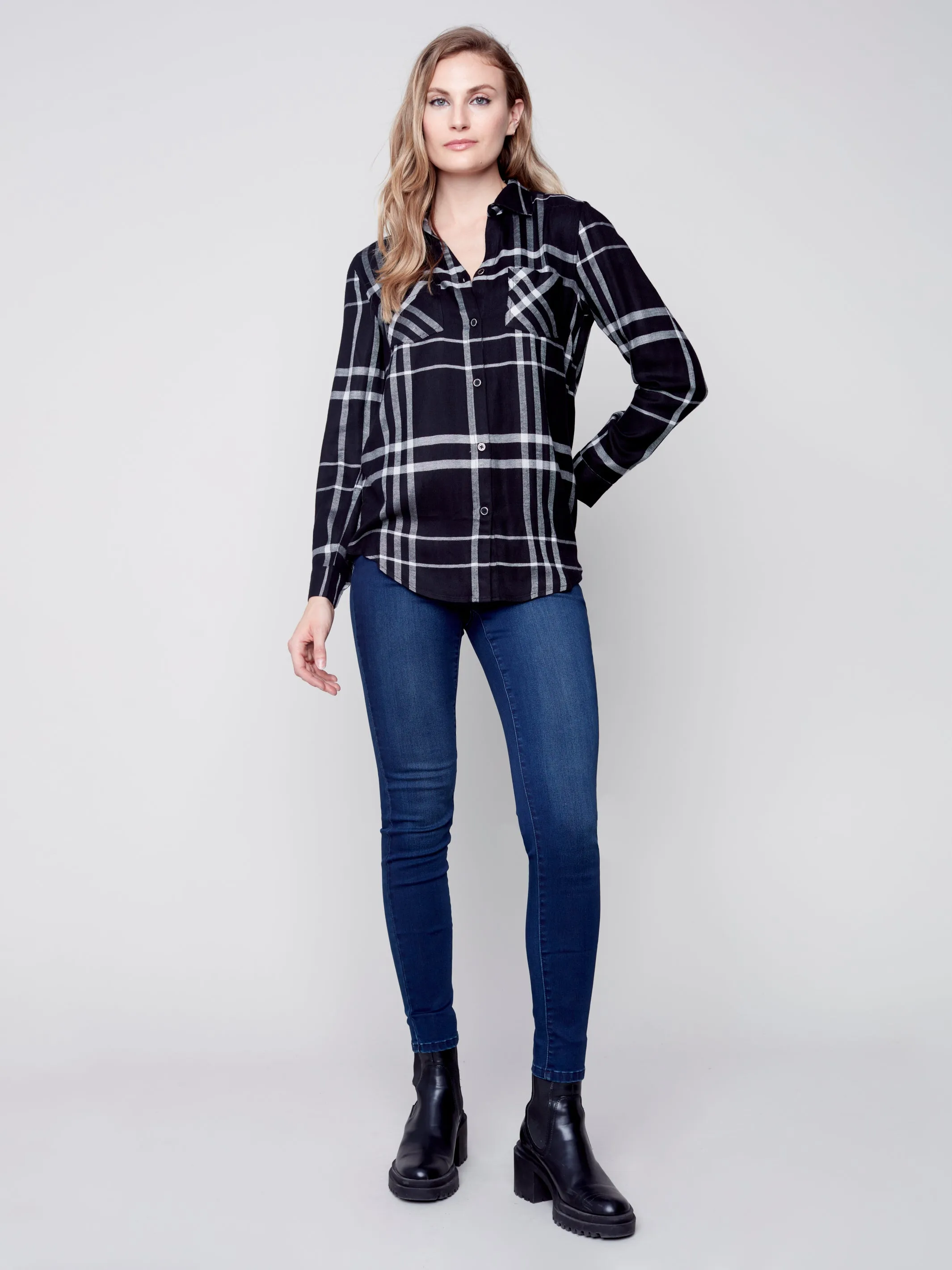 Black Plaid Button Up Blouse