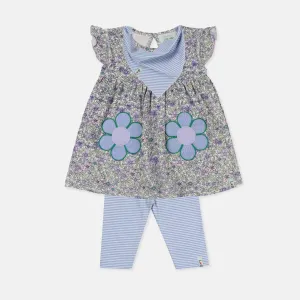Blue Floral Print Dress, Bib And Leggings Set