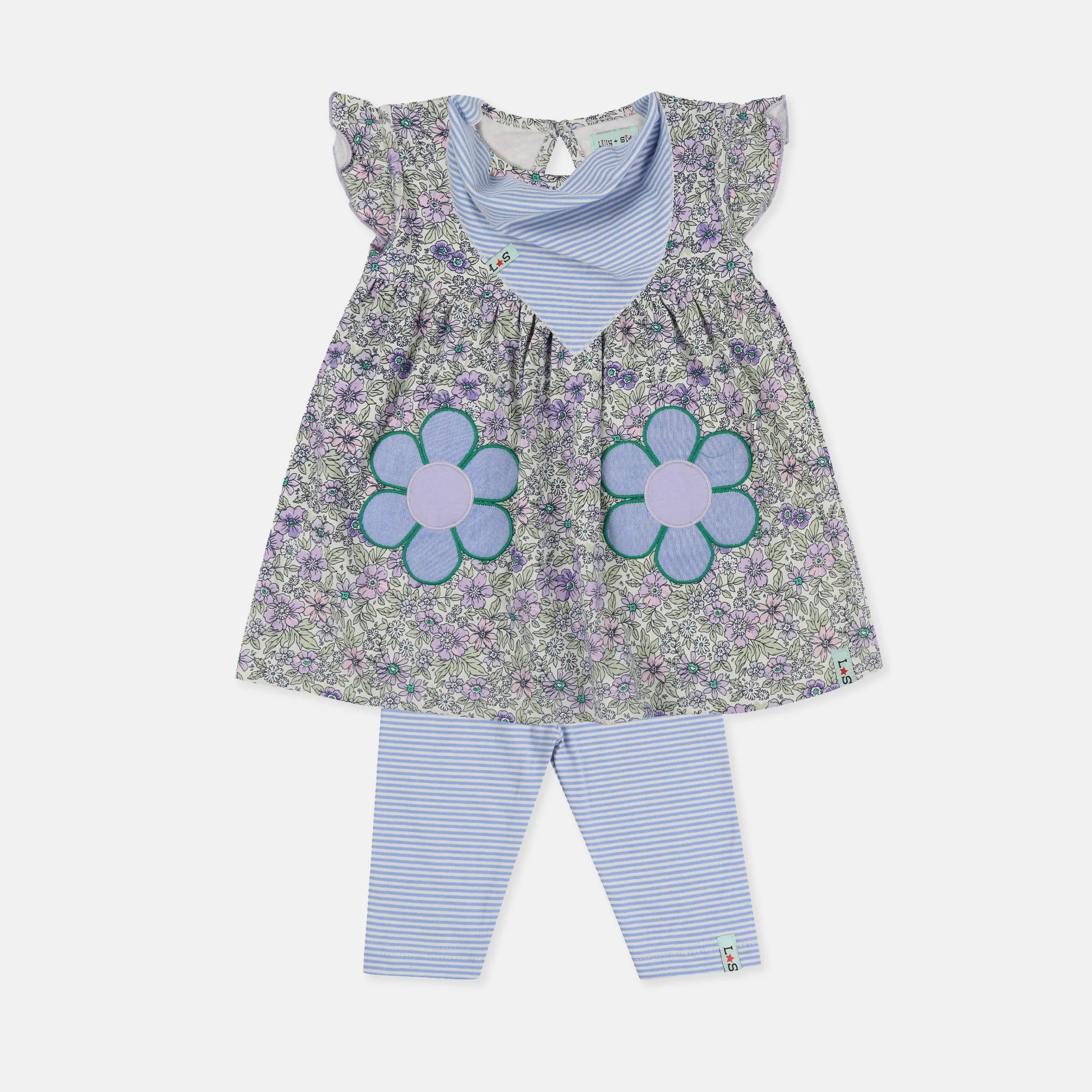 Blue Floral Print Dress, Bib And Leggings Set