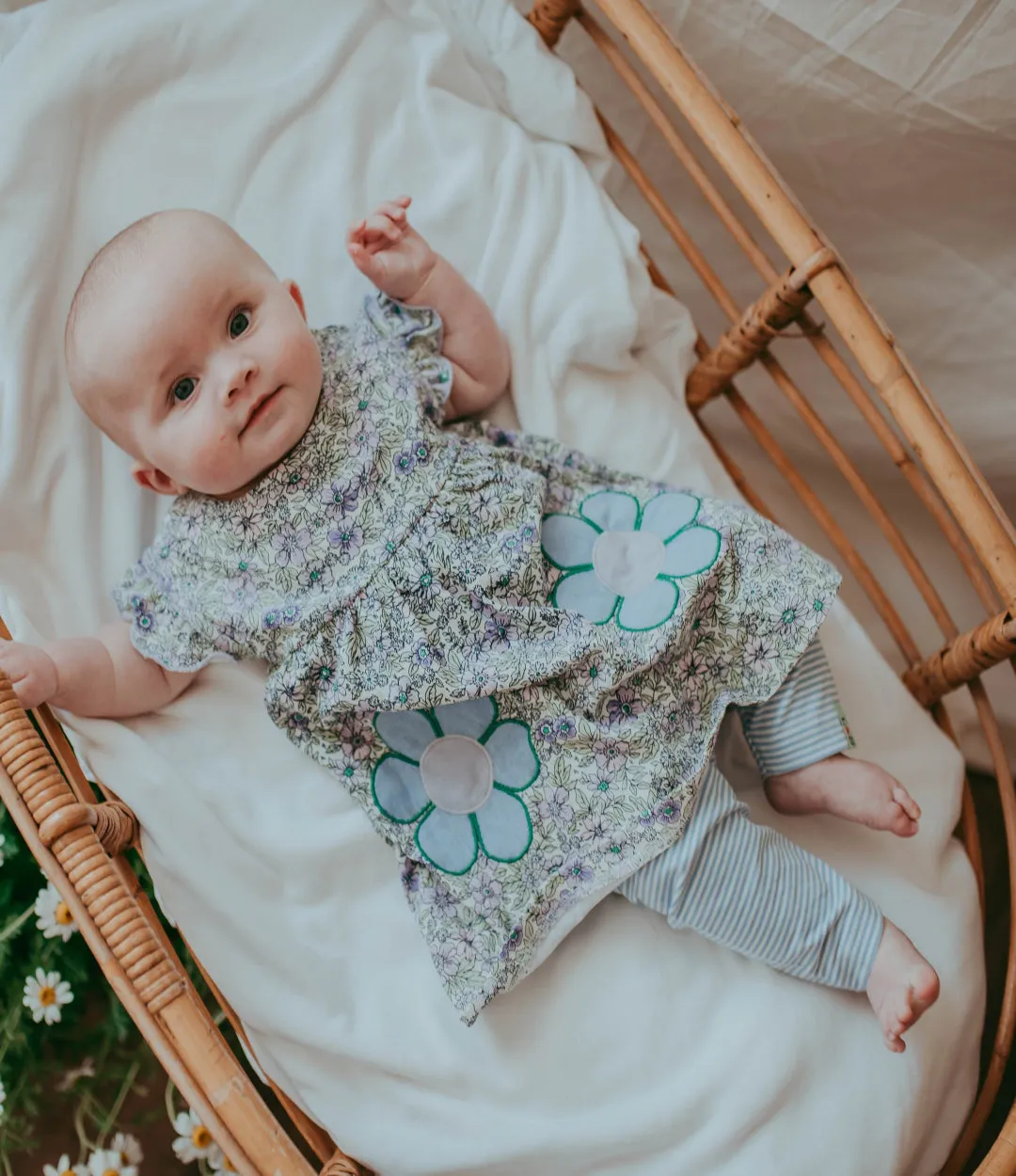 Blue Floral Print Dress, Bib And Leggings Set