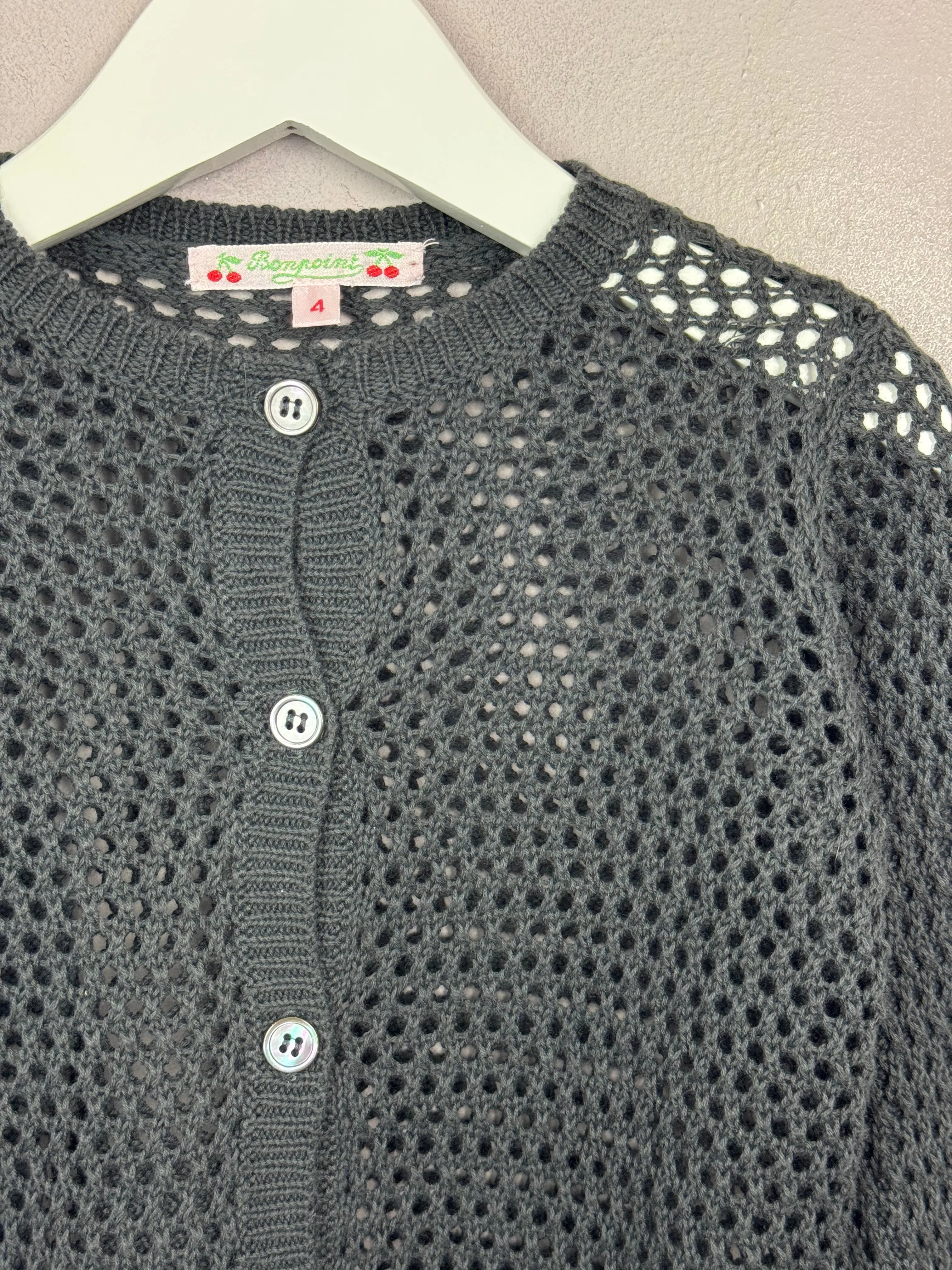 Bonpoint Charcoal Open Weave Cardigan 4y