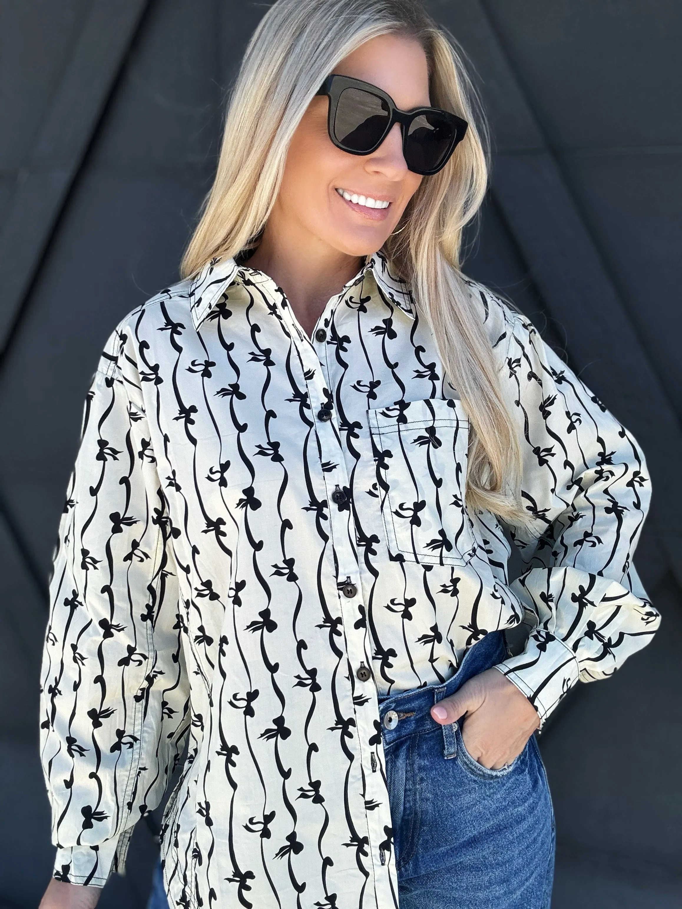 Bow Print Button Up Blouse In Ivory