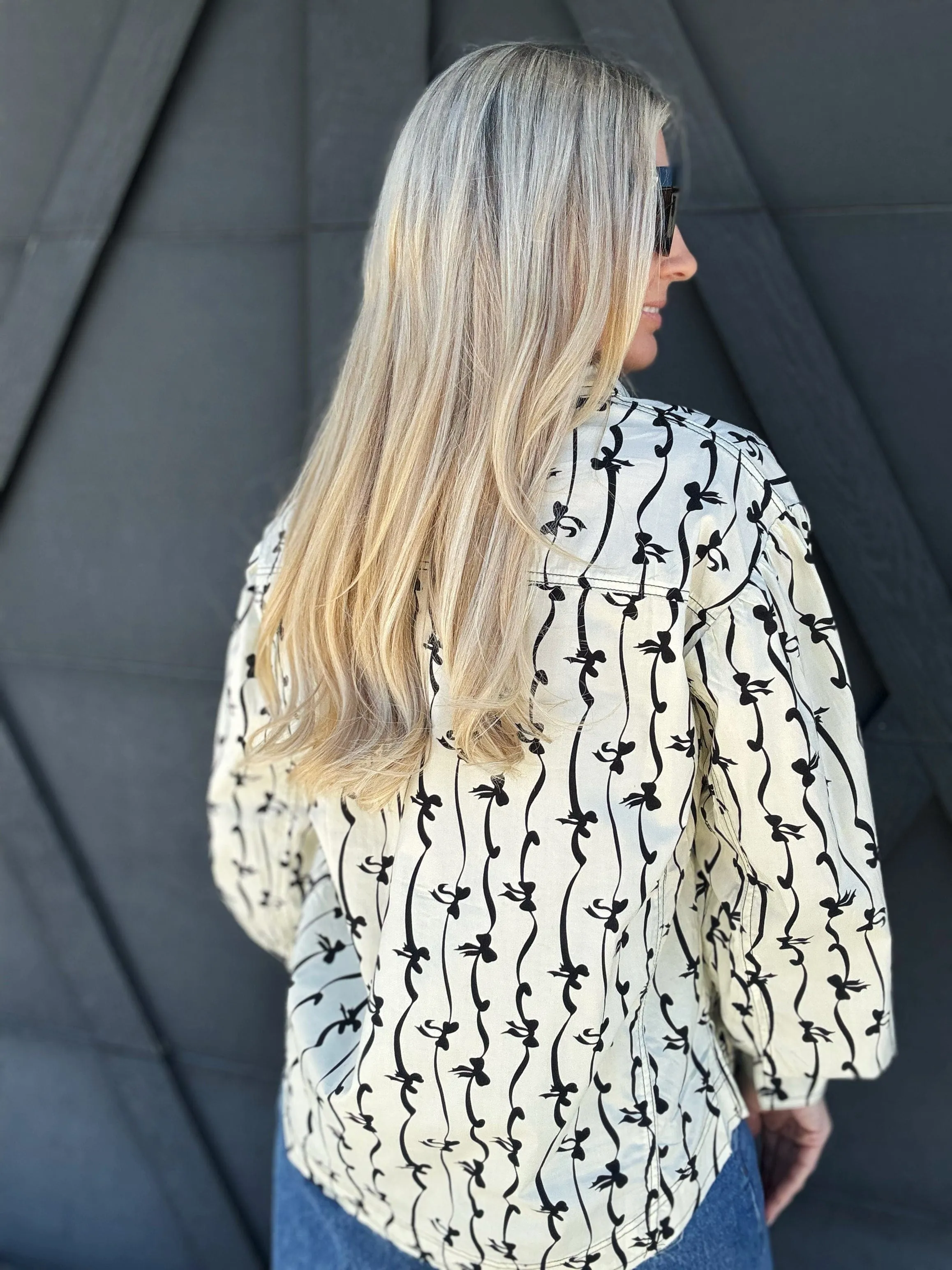 Bow Print Button Up Blouse In Ivory
