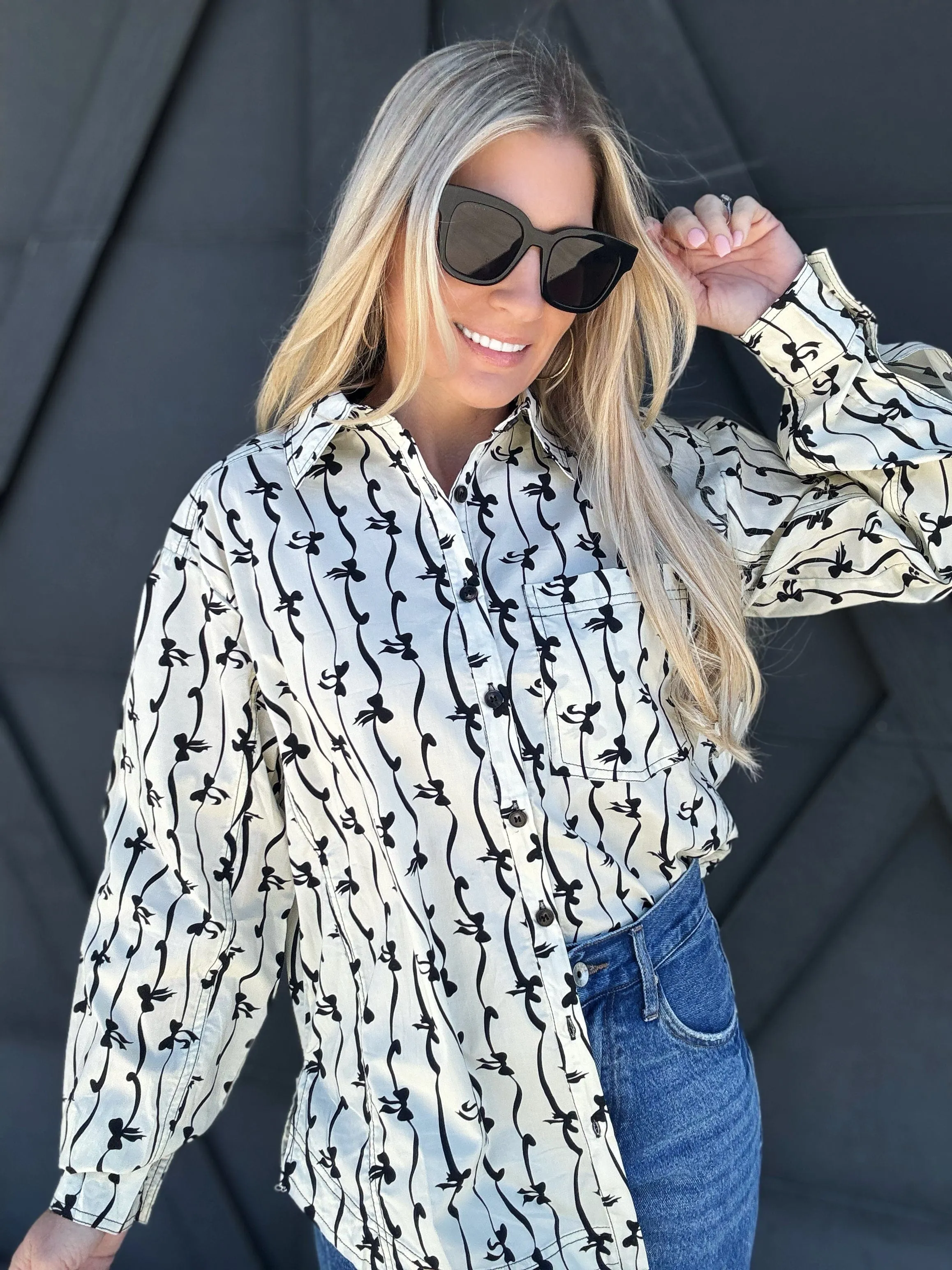 Bow Print Button Up Blouse In Ivory