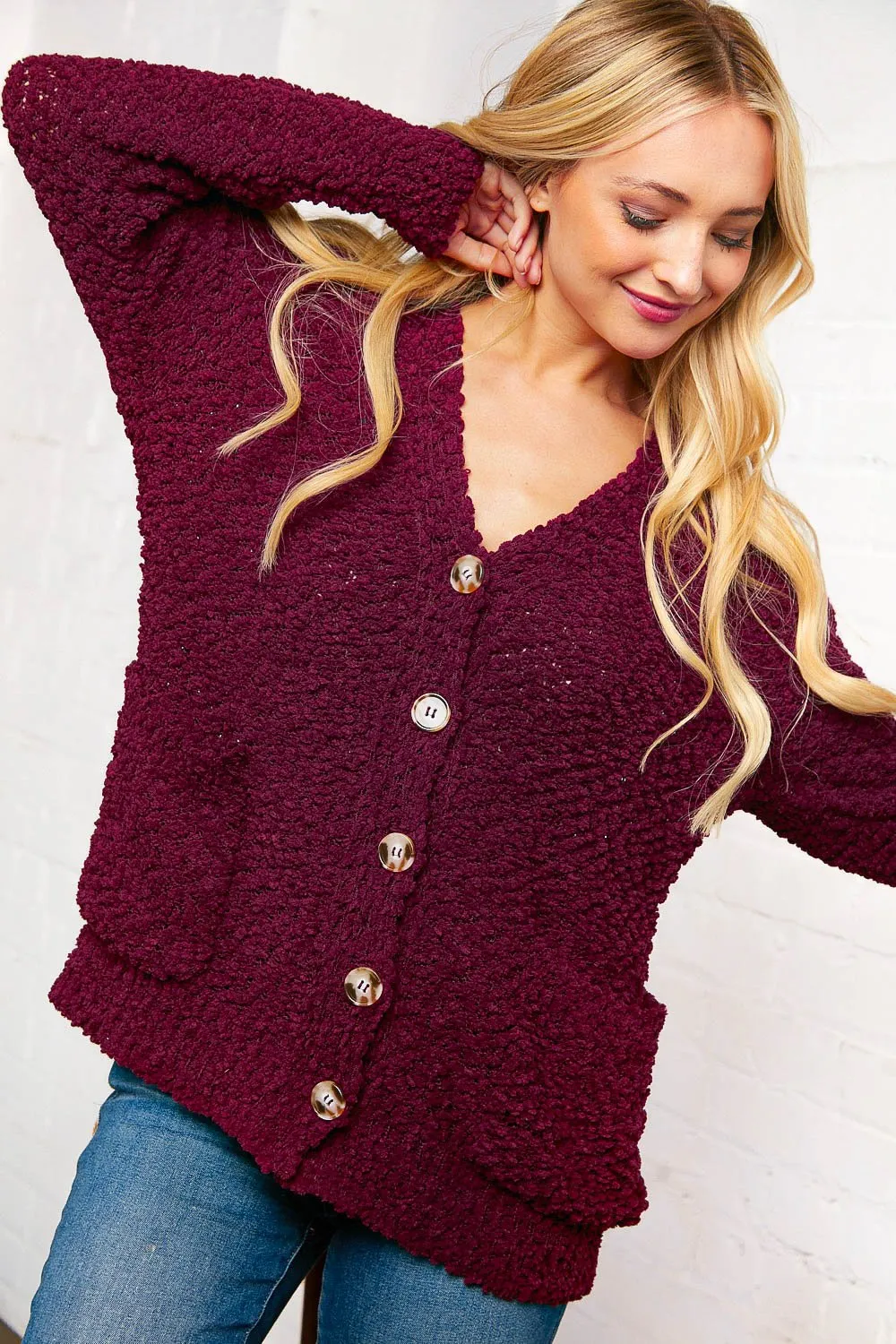 Burgundy Popcorn Knit Button Cardigan with Pockets