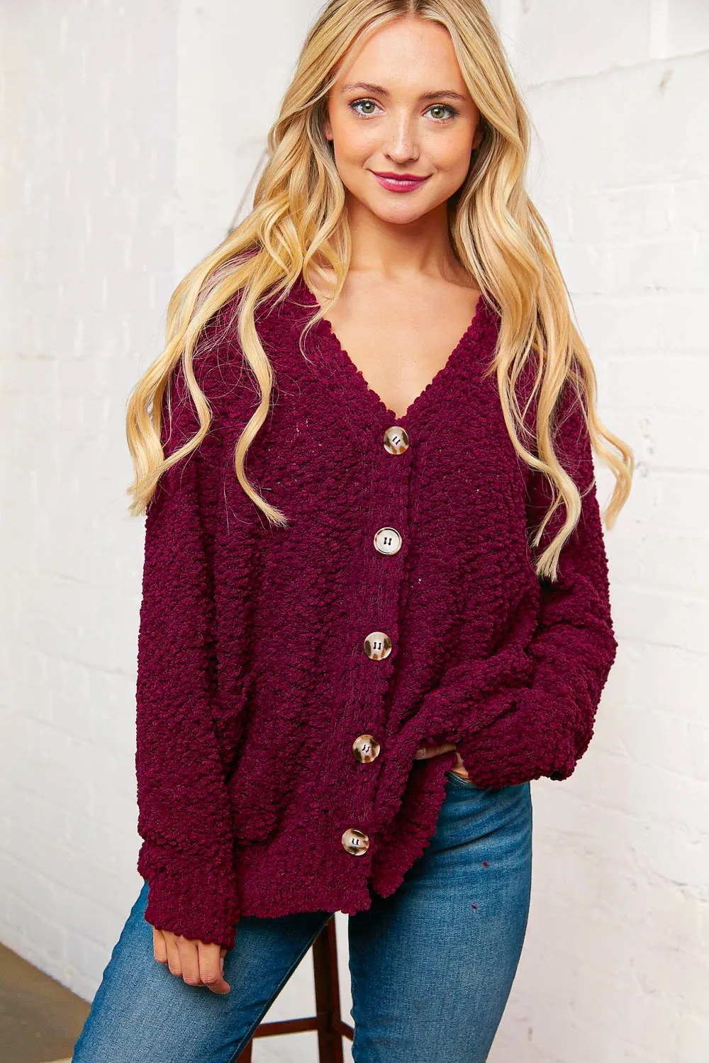 Burgundy Popcorn Knit Button Cardigan with Pockets