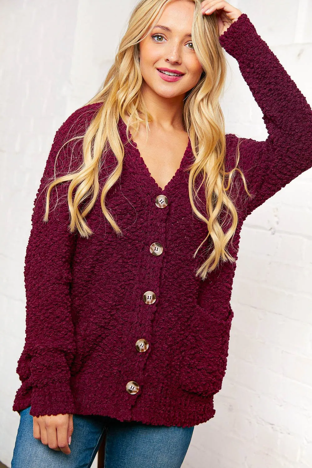 Burgundy Popcorn Knit Button Cardigan with Pockets