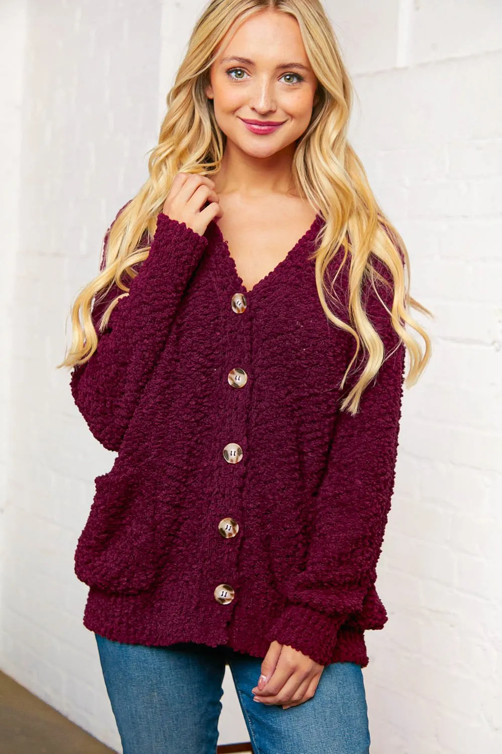 Burgundy Popcorn Knit Button Cardigan with Pockets