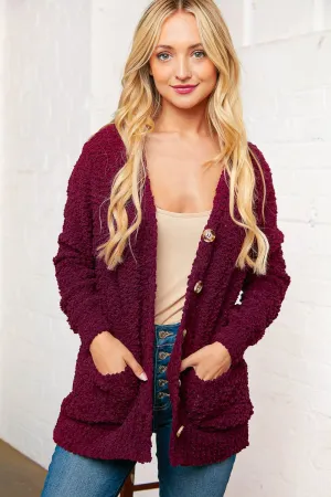 Burgundy Popcorn Knit Button Cardigan with Pockets