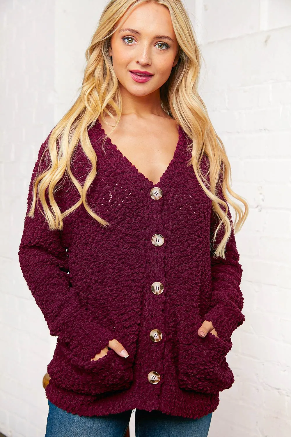 Burgundy Popcorn Knit Button Cardigan with Pockets