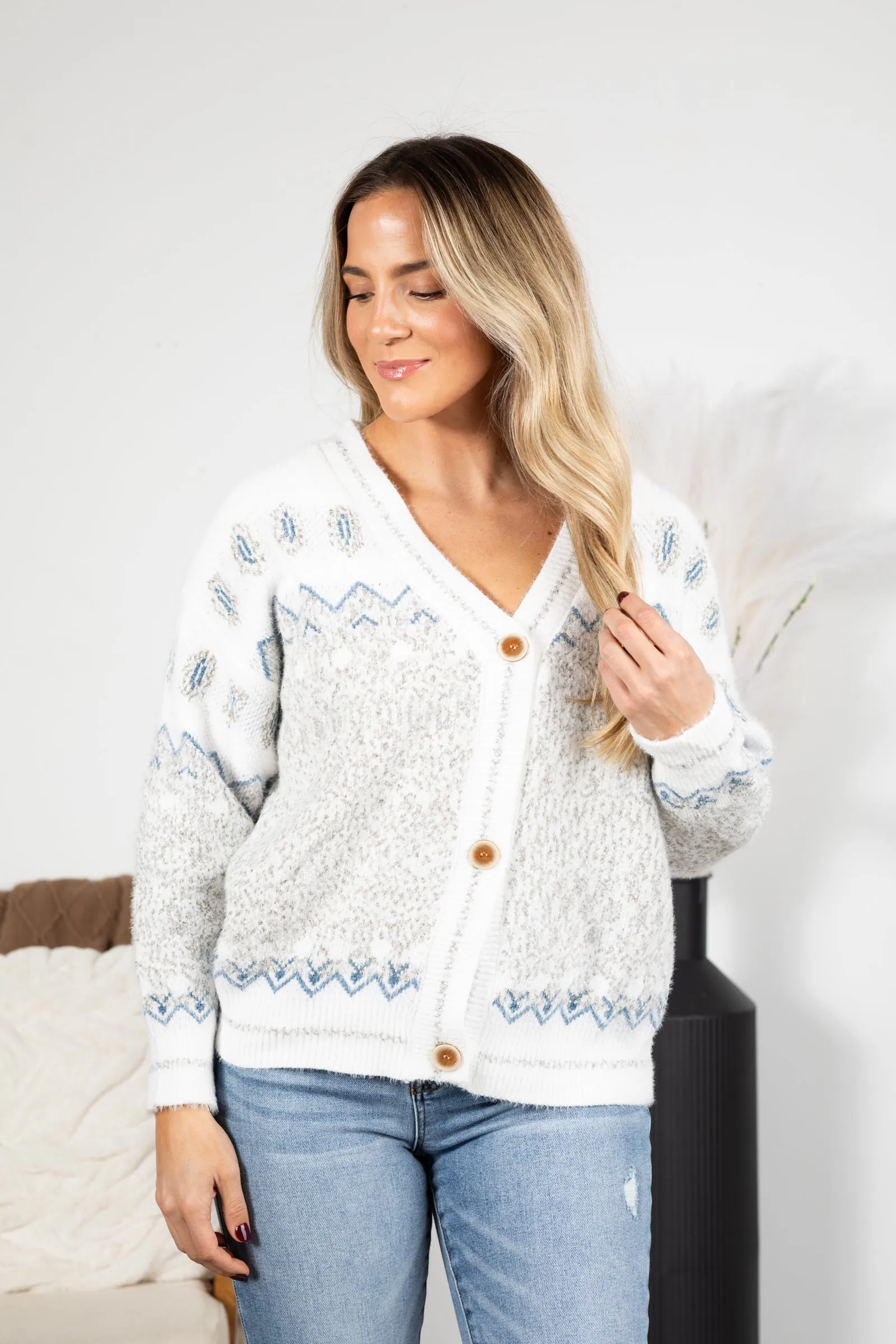 Button Down Front Geometric Pattern Cardigan