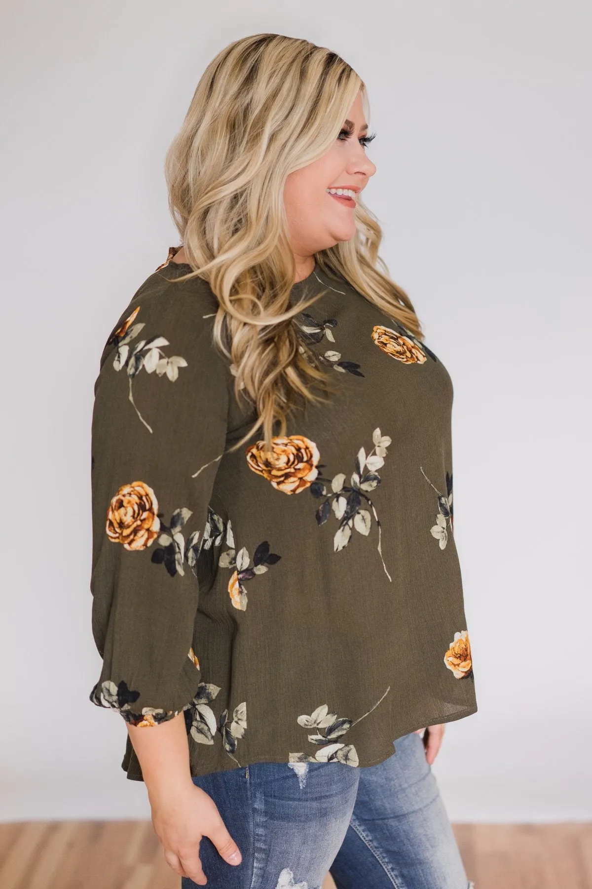 Button Up Back Floral Blouse- Hunter Green