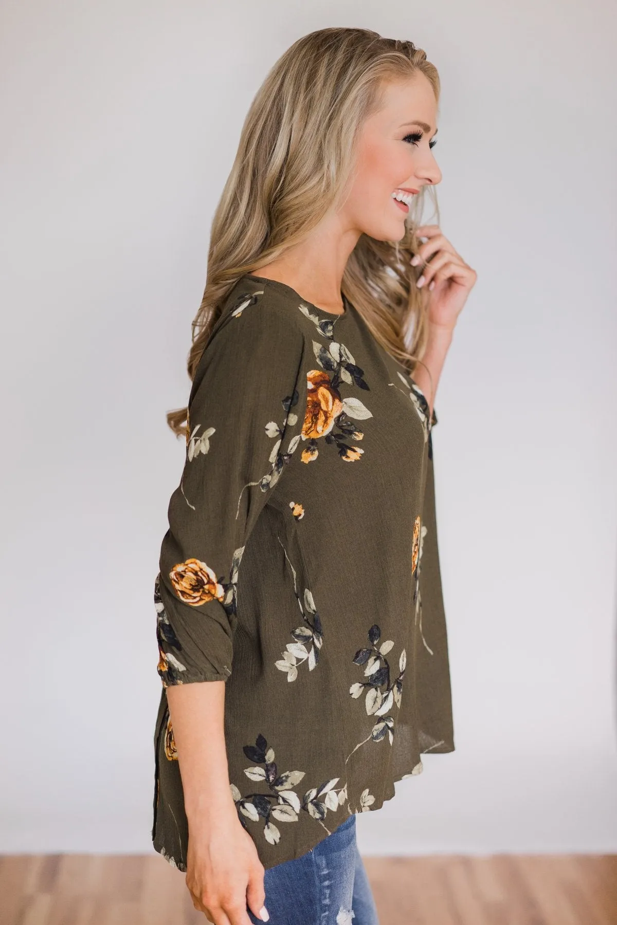 Button Up Back Floral Blouse- Hunter Green