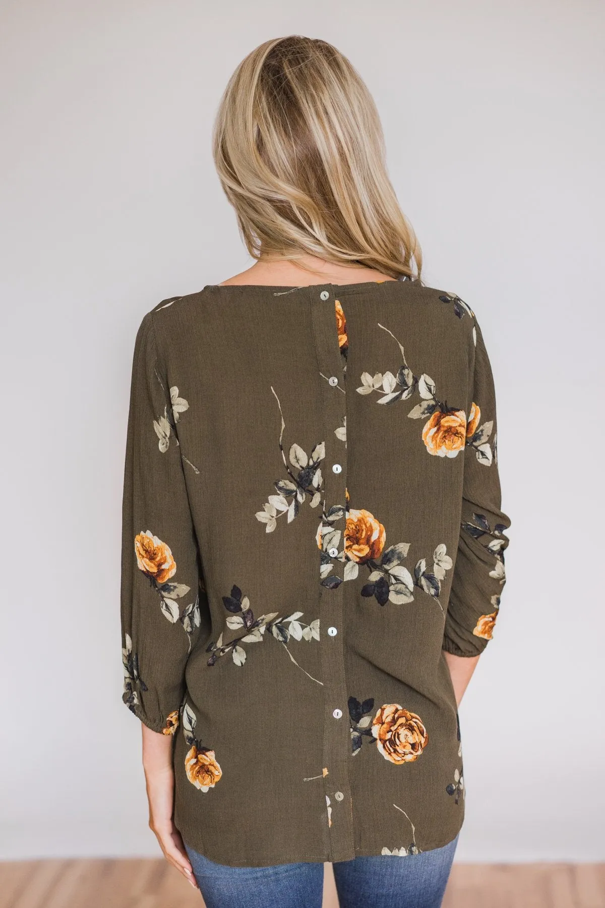 Button Up Back Floral Blouse- Hunter Green