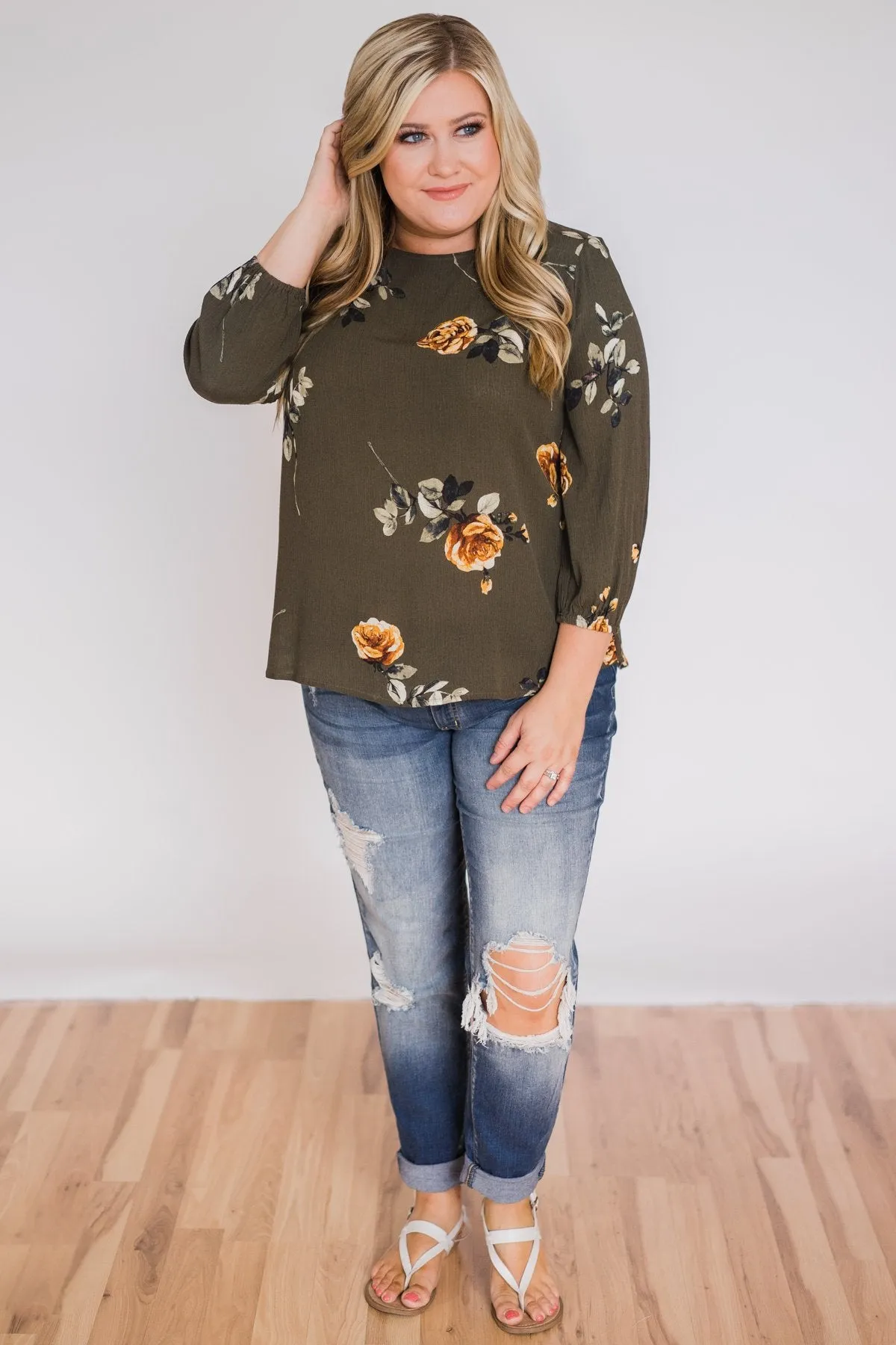 Button Up Back Floral Blouse- Hunter Green