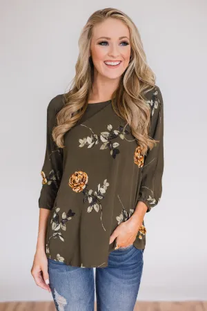 Button Up Back Floral Blouse- Hunter Green