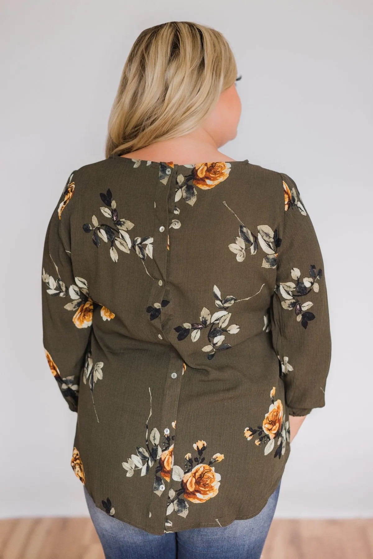 Button Up Back Floral Blouse- Hunter Green