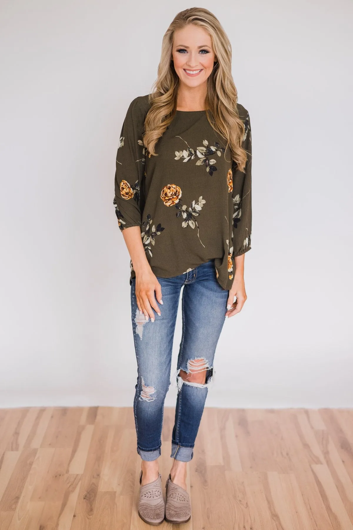 Button Up Back Floral Blouse- Hunter Green