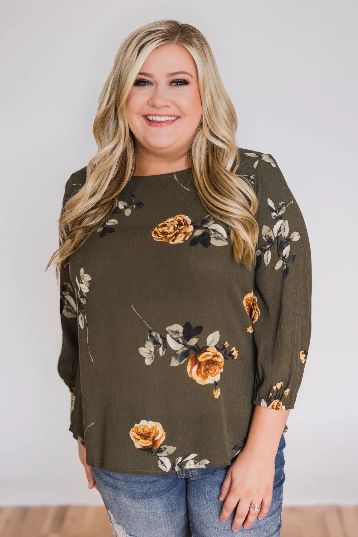 Button Up Back Floral Blouse- Hunter Green