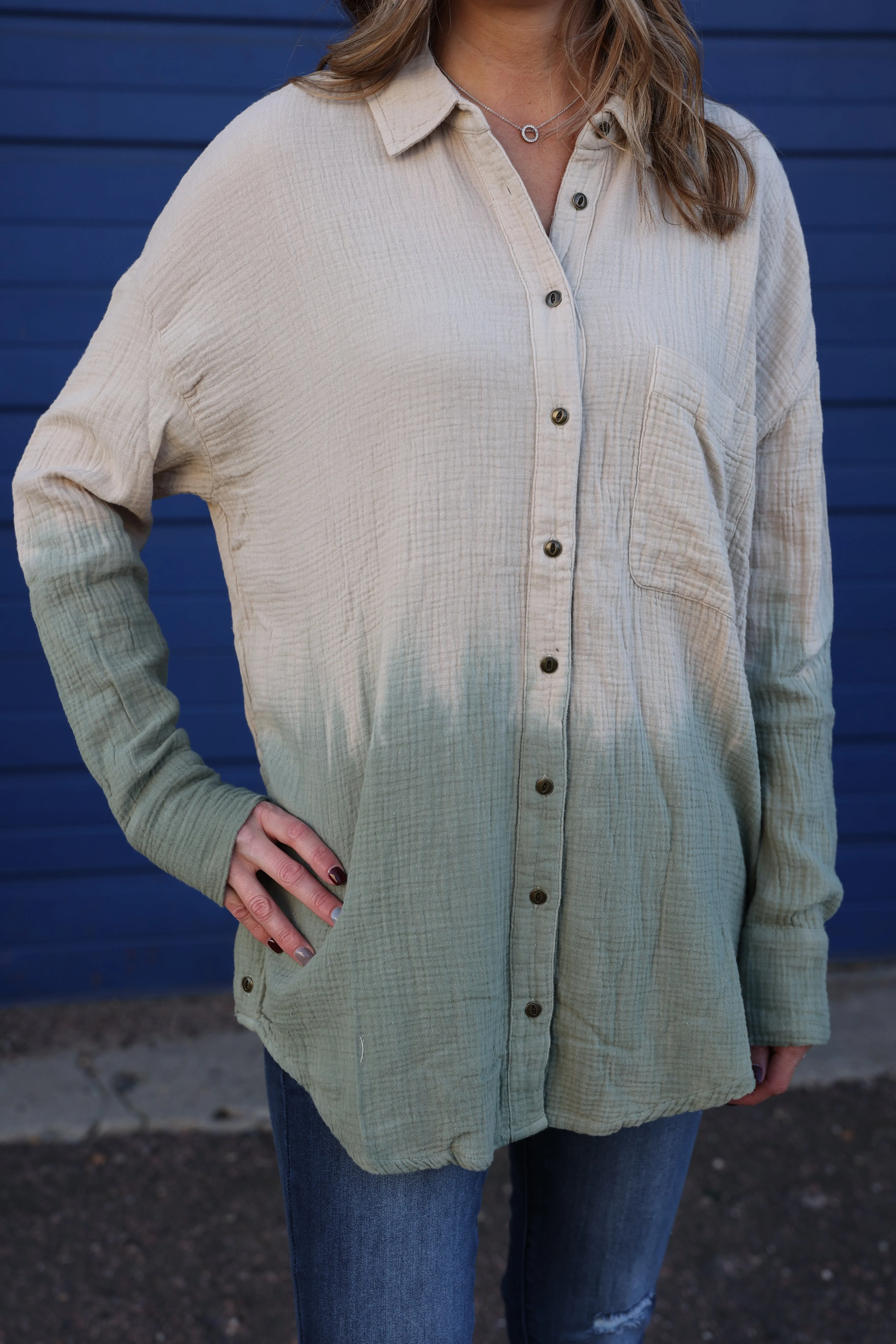 Button Up Blouse In Sage & Khaki