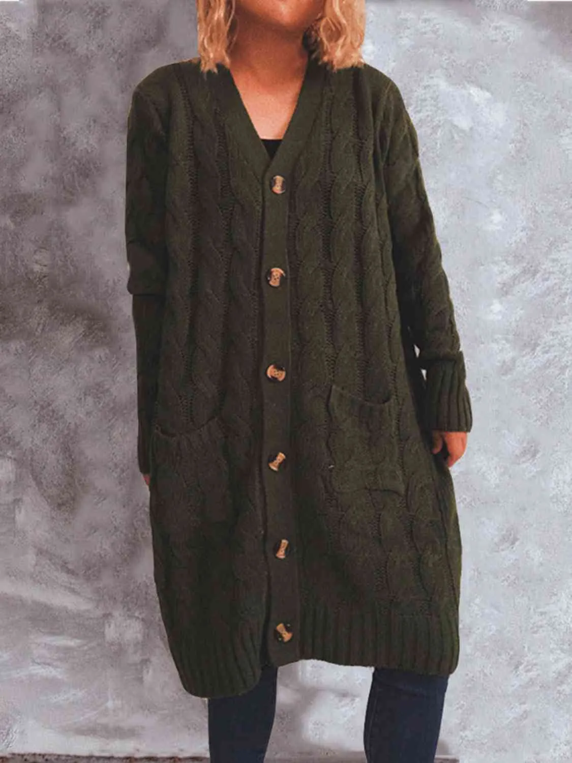 Button Up Cable-Knit Cardigan with Pockets (8 Colors)