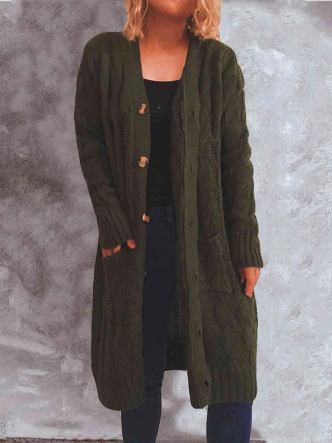 Button Up Cable-Knit Cardigan with Pockets (8 Colors)
