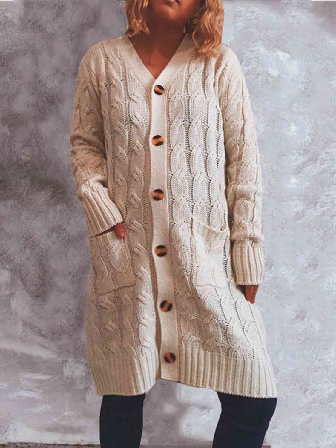 Button Up Cable-Knit Cardigan with Pockets (8 Colors)