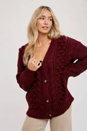 Cable Knit Cardigan- Burgundy