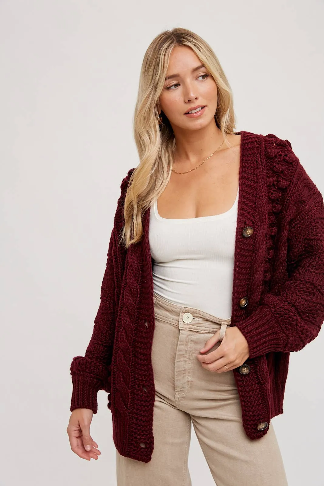 Cable Knit Cardigan- Burgundy