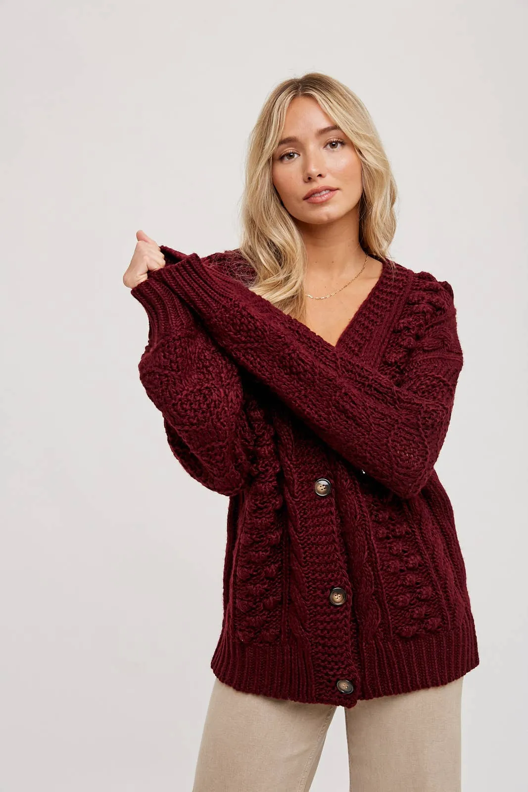 Cable Knit Cardigan- Burgundy