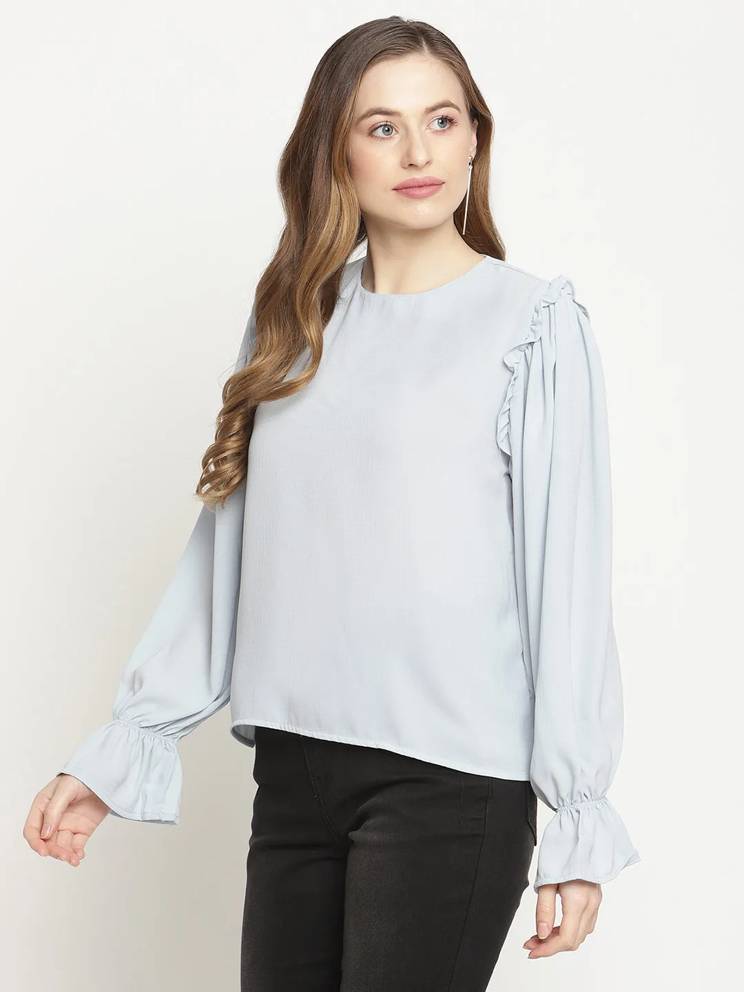 Camla Barcelona Poet Sleeve Powder Blue Ruffle Top