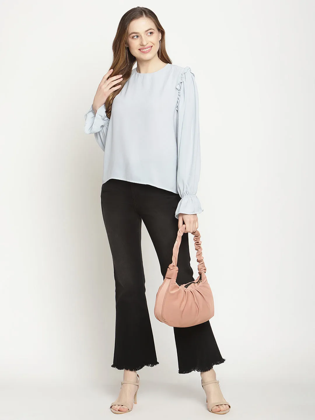 Camla Barcelona Poet Sleeve Powder Blue Ruffle Top
