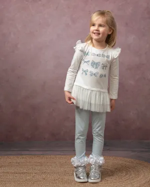 Caramelo Girls White/Blue Diamante Bow Legging Set