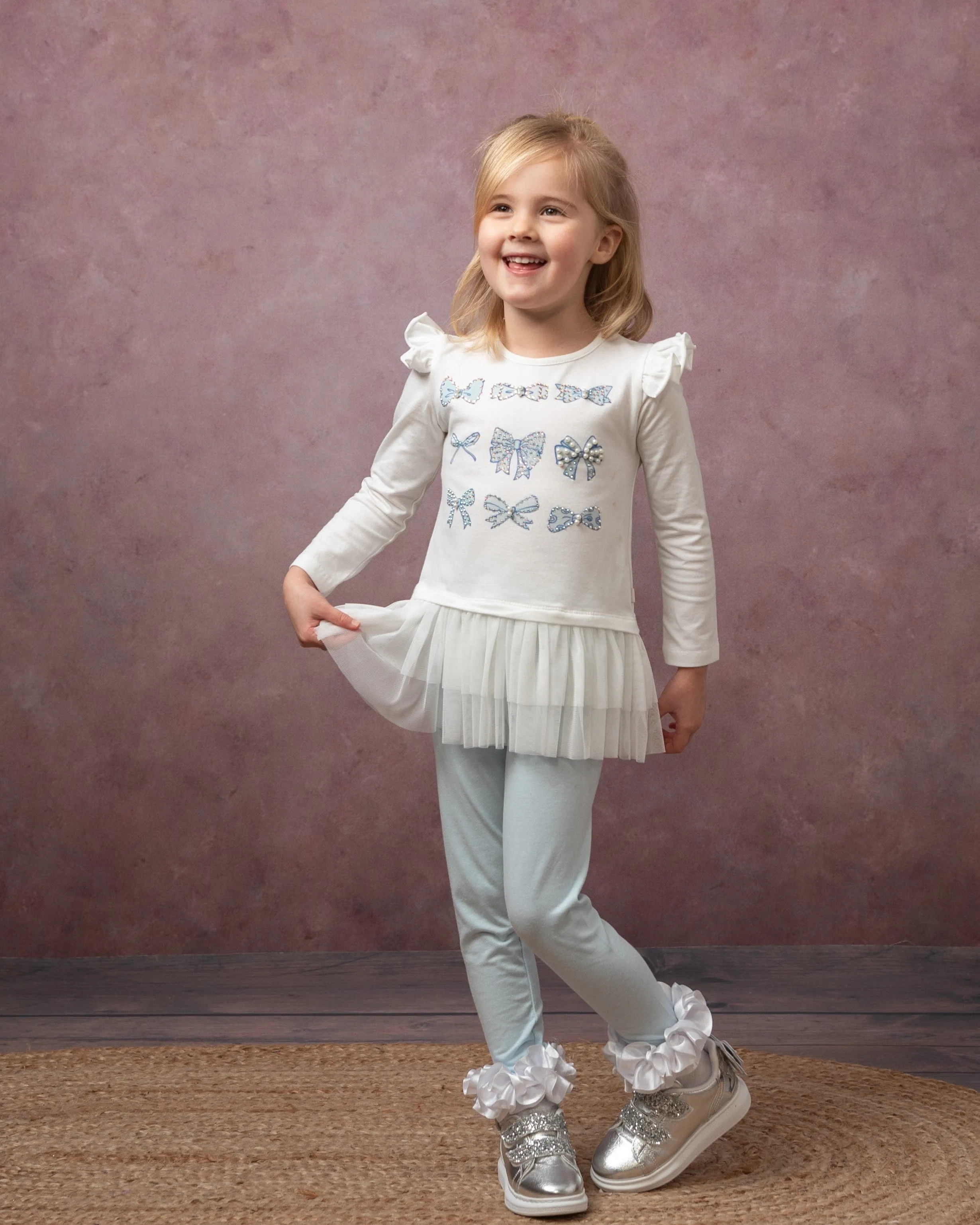 Caramelo Girls White/Blue Diamante Bow Legging Set