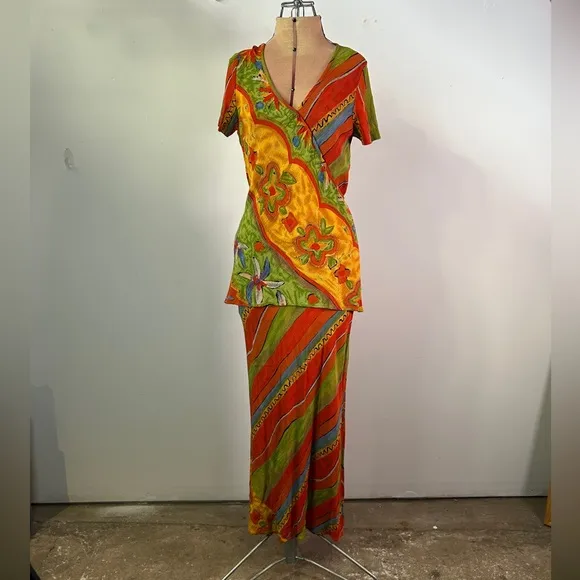 Carole Little Vintage 1990s Red Yellow and Green Maxi Skirt Set Size 4