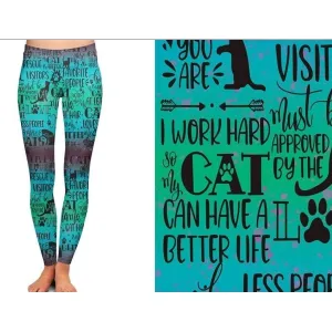 Cat Life Green Ombre Printed Leggings Work Hard Cat Pockets- Cat Sliding, Cats with Attitude  Cat Lover / Cat Pants / Cat RTS