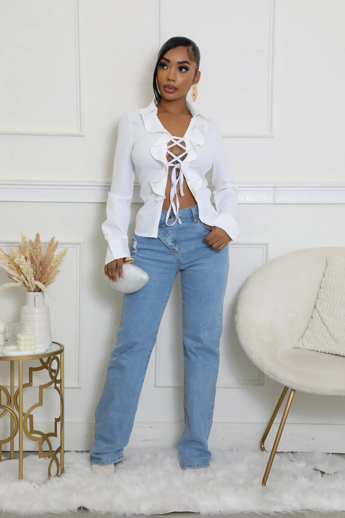 CAY1252P - RUFFLE TIE UP BLOUSE